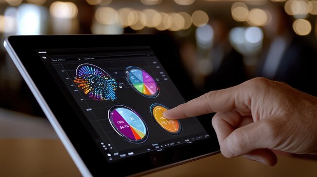 A hand points at a vibrant data visualization on a tablet, showcasing colorful pie and bar charts under soft, ambient lighting.