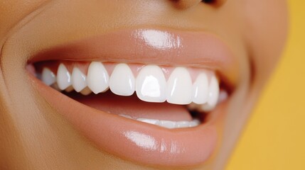 Obraz premium A close-up shot of a bright, cheerful smile showcasing perfectly aligned white teeth, exuding warmth and infectious happiness against a vibrant background.