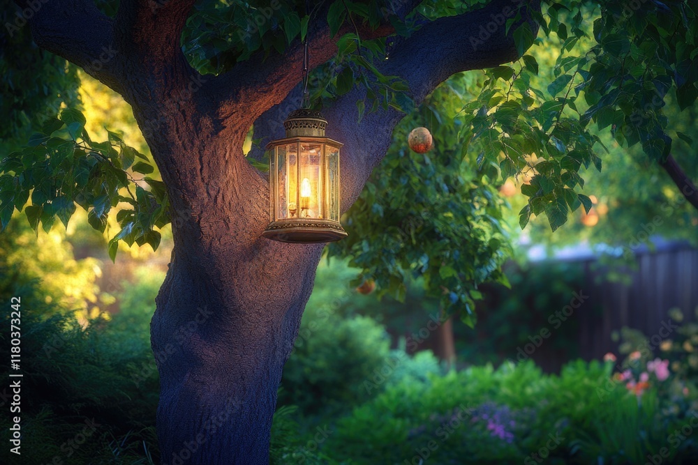 Poster A lantern hangs from a tree branch in a peaceful garden setting, perfect for use as a decorative or background element