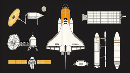 Obraz premium Space Shuttle and Components Diagram on Dark Background.