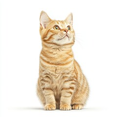 A curious orange tabby Devon Rex cat sits attentively, showcasing its playful nature and adorable features against a clean white background.