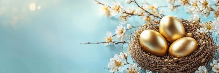 Fototapeta premium Golden Easter eggs in bird nest and flowers on pastel blue background. Happy Easter concept. Design template for card, banner, poster with copy space