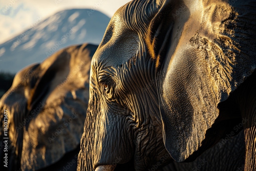Poster close-up of an elephant with a mountain landscape in the background