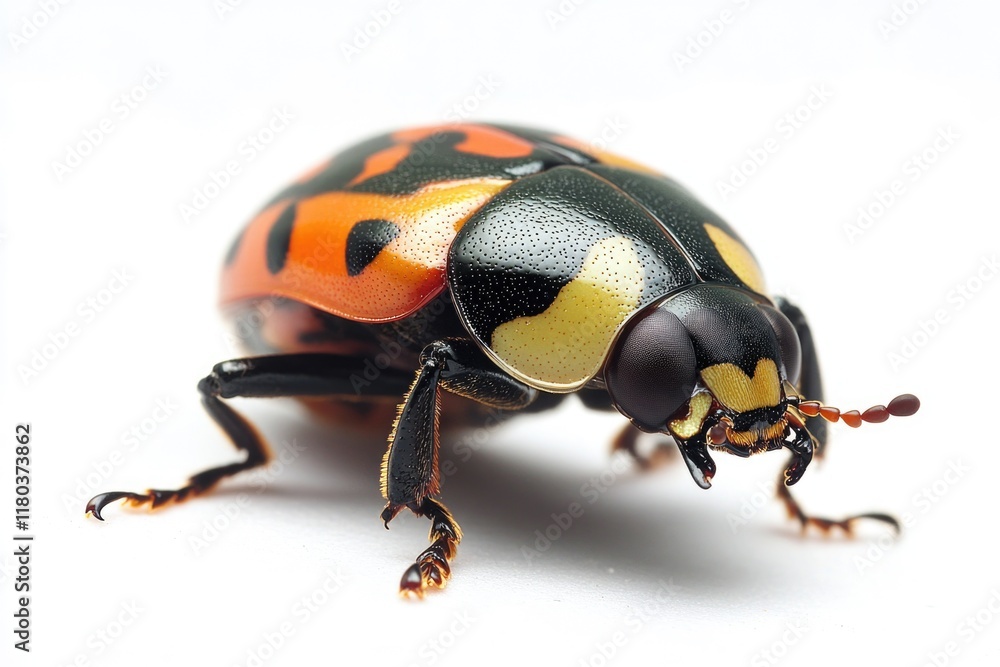 Poster a detailed view of a beetle sitting on a white background, ideal for use in scientific or educationa