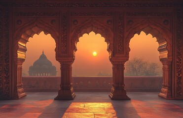 Three arches with a sunset view through them, inside an Indian temple, with warm colors, a realistic photo, and high resolution.