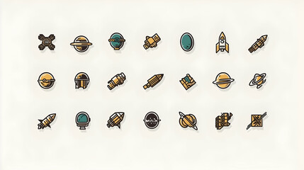 Flat Icons of Space Exploration Elements on Light Background.
