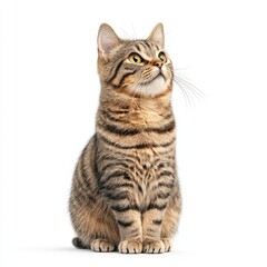 Fototapeta premium A curious tabby Arabian Mau cat gazes upward, showcasing its playful personality and beautiful fur pattern against a clean background.