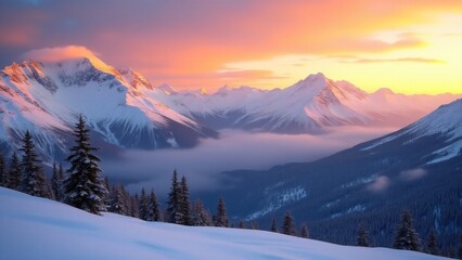 Fototapeta premium Snowy peaks glow under a vivid sunset, with warm pink and orange hues. Deep blue shadows fill the valleys, while wispy clouds enhance the serene majesty of the winter mountainscape.
