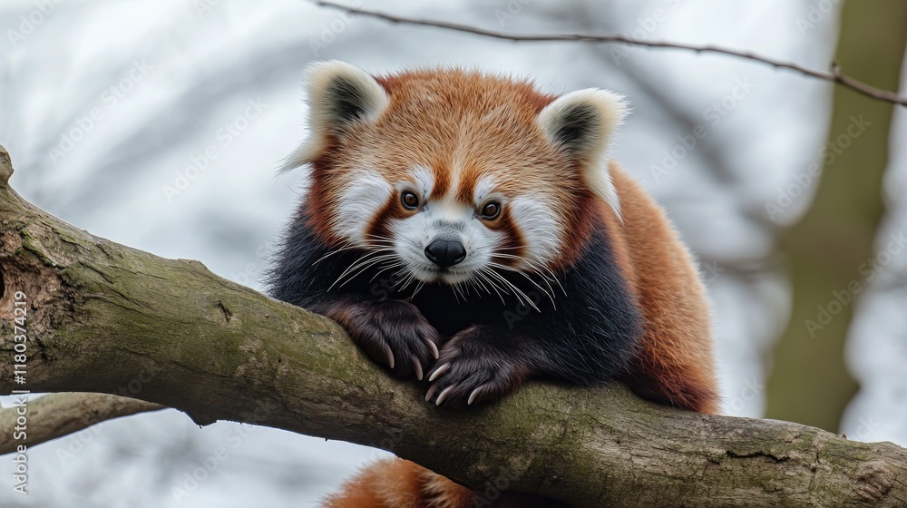 Poster a red panda perched on a tree branch, looking around