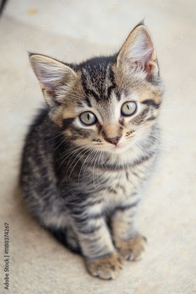 Poster a curious kitten sits on the ground and looks directly at the camera