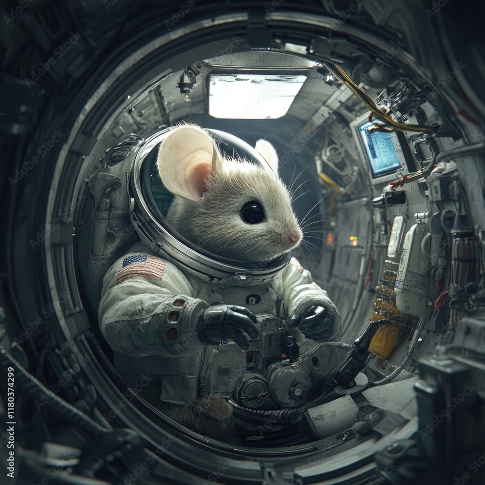 Aufkleber a mouse wearing a space suit floats in zero gravity inside a space station