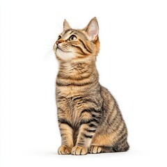 A curious tabby German Rex cat gazes upwards, showcasing its playful personality and soft fur against a clean backdrop.