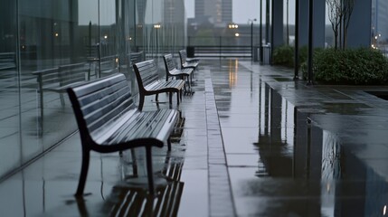 Reflective puddles capture the stillness of rain-soaked benches, evoking serene and contemplative urban solitude.