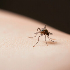 Close-up of a mosquito on skin, feeding.  A detailed view of the insect's legs and proboscis.