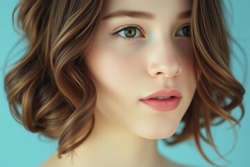 Obraz premium a close-up portrait of a young woman's face. She has long, wavy brown hair that is styled in loose waves and falls over her shoulders.