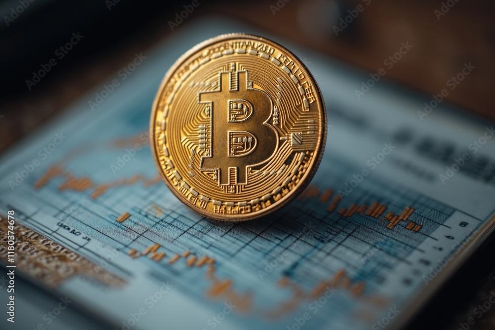 Poster a golden bit coin sits on top of a piece of paper, ready for use or investment