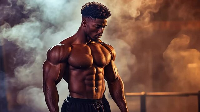 A young African-American man demonstrates strength by flexing his impressive muscles in a misty gym. The scene conveys themes of power, dedication, and physical fitness.