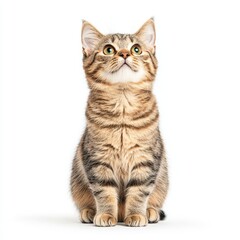 Fototapeta premium A curious tabby Wirehair cat looking upwards, capturing the essence of feline charm and curiosity in a bright, minimal setting.