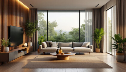 Modern japandi living room with a large window overlooking a lush green landscape.