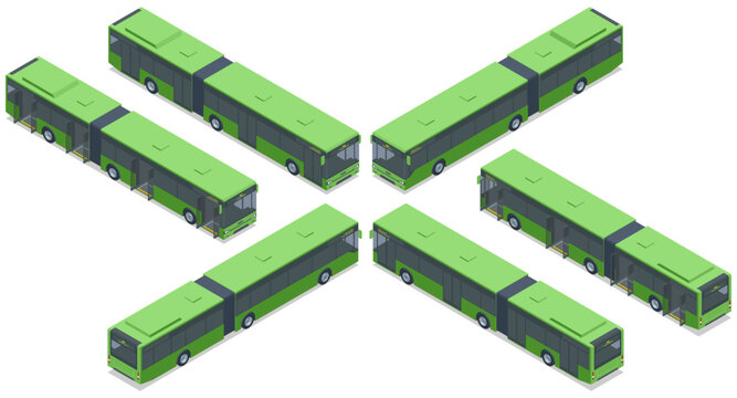 Green articulated city buses. Isometric vector illustration of green articulated city buses. Ideal for urban transportation, environmental concepts, and public transit systems