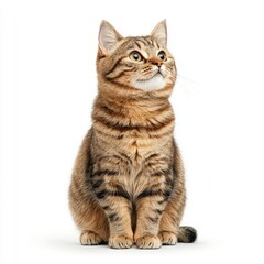 A curious tabby Asian cat sits elegantly, showcasing its distinctive stripes and bright eyes, embodying feline grace and charm.