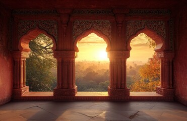 Three arches with a sunset view through them, inside an Indian temple, with warm colors, a realistic photo, and high resolution.