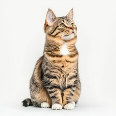 Obraz premium A curious tabby German Rex cat sitting gracefully with an alert expression against a simple background, perfect for pet lovers.