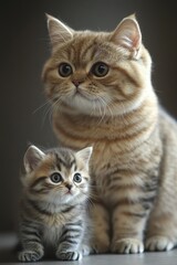 Fototapeta premium A cat sits next to a small kitten, a heartwarming moment of companionship