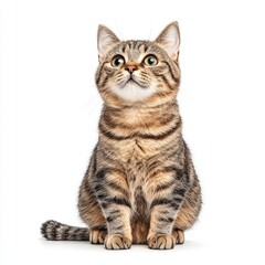 Obraz premium A curious tabby European Shorthair cat sitting upright, looking playfully inquisitive and ready for adventures.