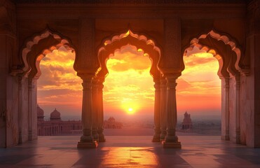 Three arches with a sunset view through them, inside an Indian temple, with warm colors, a realistic photo, and high resolution.