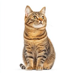 Fototapeta premium A curious tabby Havana Brown cat with bright eyes sitting gracefully, showcasing its playful spirit and charm against a clean white background.