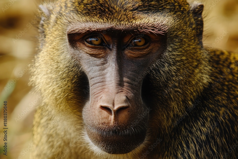 Poster close-up view of a monkey's face with blurred background, ideal for animal or wildlife-themed projec