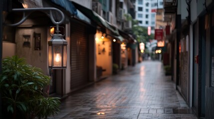 Fototapeta premium A dimly lit alleyway glows softly with lanterns, leading deeper into the quiet night cityscape.