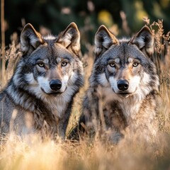 Fototapeta premium Two gray wolves sit in a field of tall grass, nature scene