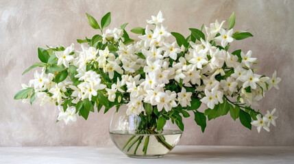 Lush bouquet of white flowers in a clear glass vase against a beige background.