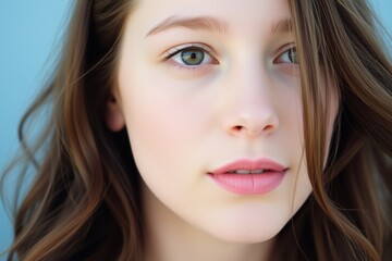 Fototapeta premium a close-up portrait of a young woman's face. She has long, wavy brown hair that is styled in loose waves and falls over her shoulders.