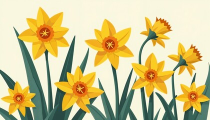 Bright Daffodils with Bold Yellow Flowers and Green Leaves on Soft Background with Copy Space