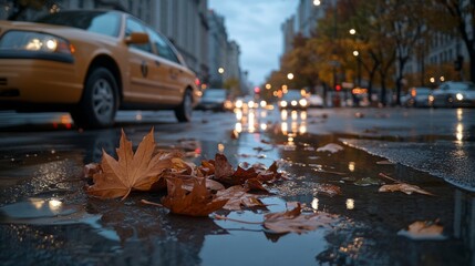 A vibrant city scene with a yellow cab amidst wet autumn leaves, reflecting city lights on the...