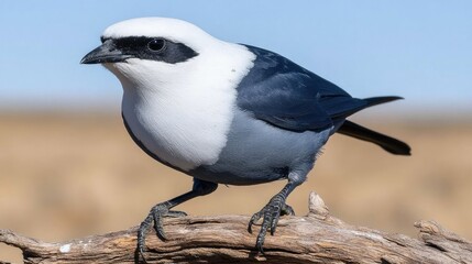 Fototapeta premium White-crowned Shrike perched on branch, grassland background.