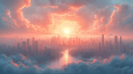 Breathtaking cityscape bathed in dramatic light, with towering buildings and vibrant clouds framing the horizon.