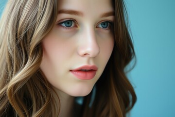 Naklejka premium a close-up portrait of a young woman's face. She has long, wavy brown hair that is styled in loose waves and falls over her shoulders.