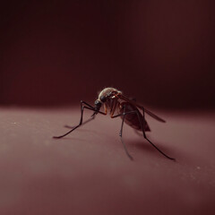 Close-up of a mosquito on skin, detailed view of its legs and body. Dark background enhances the insect's features.