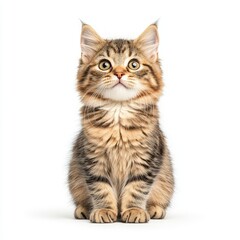 Fototapeta premium A cute and fluffy tabby Manx cat sitting upright with a curious expression, perfect for pet lovers and animal enthusiasts.