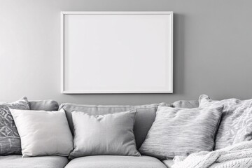 Simple Clean Living Room with Blank Frame on Minimalist Wall