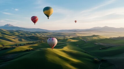 Fototapeta premium Hot air balloons drift over rolling green hills at sunrise, offering a breathtaking view of nature's tapestry unfolding in dawn's gentle embrace.
