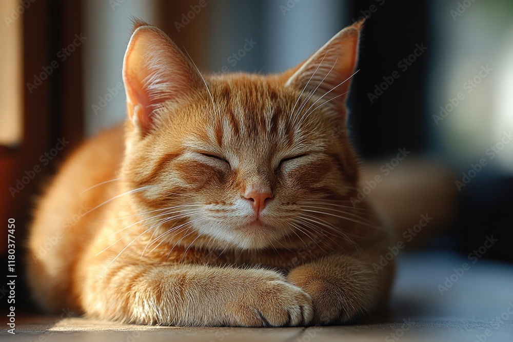 Poster a close-up view of a cat resting on the floor, with its eyes closed