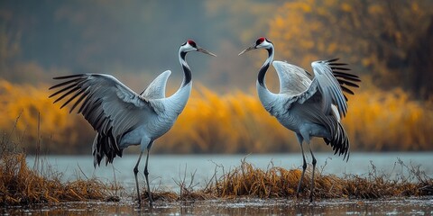 Fototapeta premium Two large birds standing together by the shore, great for outdoors or wildlife scenes