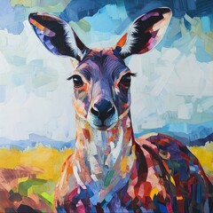A kangaroo standing in a green field with some flowers and trees