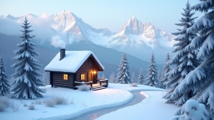 Fototapeta premium Cozy cabin on a snowy mountain slope. Warm light glows from the windows as smoke rises from the chimney. Snow-covered pines and a winding path complete the serene winter retreat.
