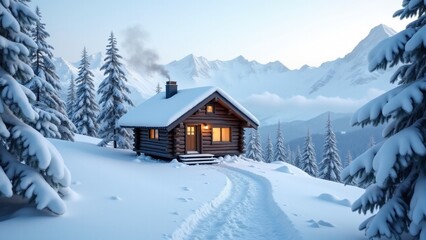 Cozy cabin on a snowy mountain slope. Warm light glows from the windows as smoke rises from the chimney. Snow-covered pines and a winding path complete the serene winter retreat.